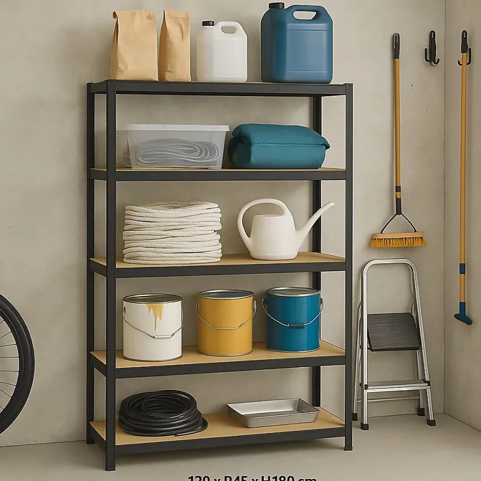 Etagère de rangement Bois et Acier 5 niveaux 120x45x180 cm Capacité 300 kg BRIXO