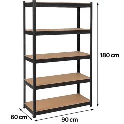 Etagère de Rangement Métal Noire 90 x 60cm x H180cm Haute qualité Charges lourdes 1500kg 5 Plateaux Bois INTEC