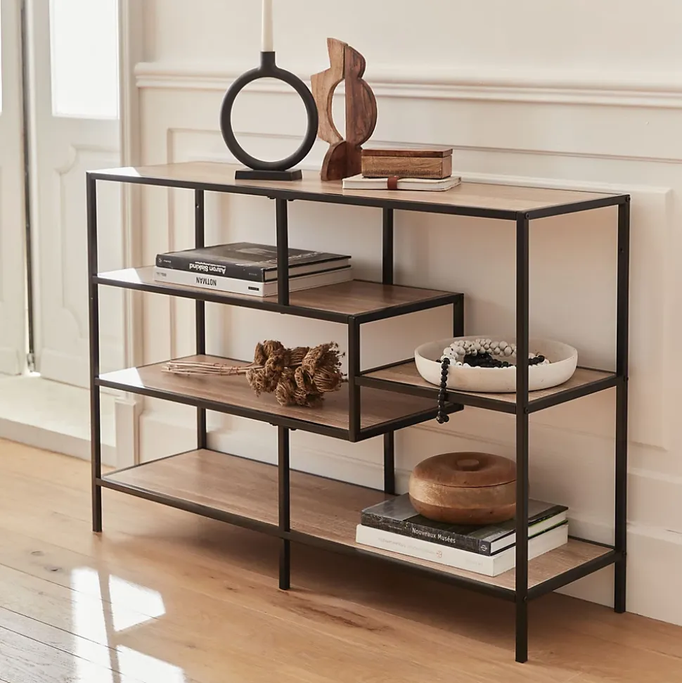 Etagère en métal noir et décor bois - Loft - bibliothèque 5 niveaux. L 114 x l 33 x H 78cm