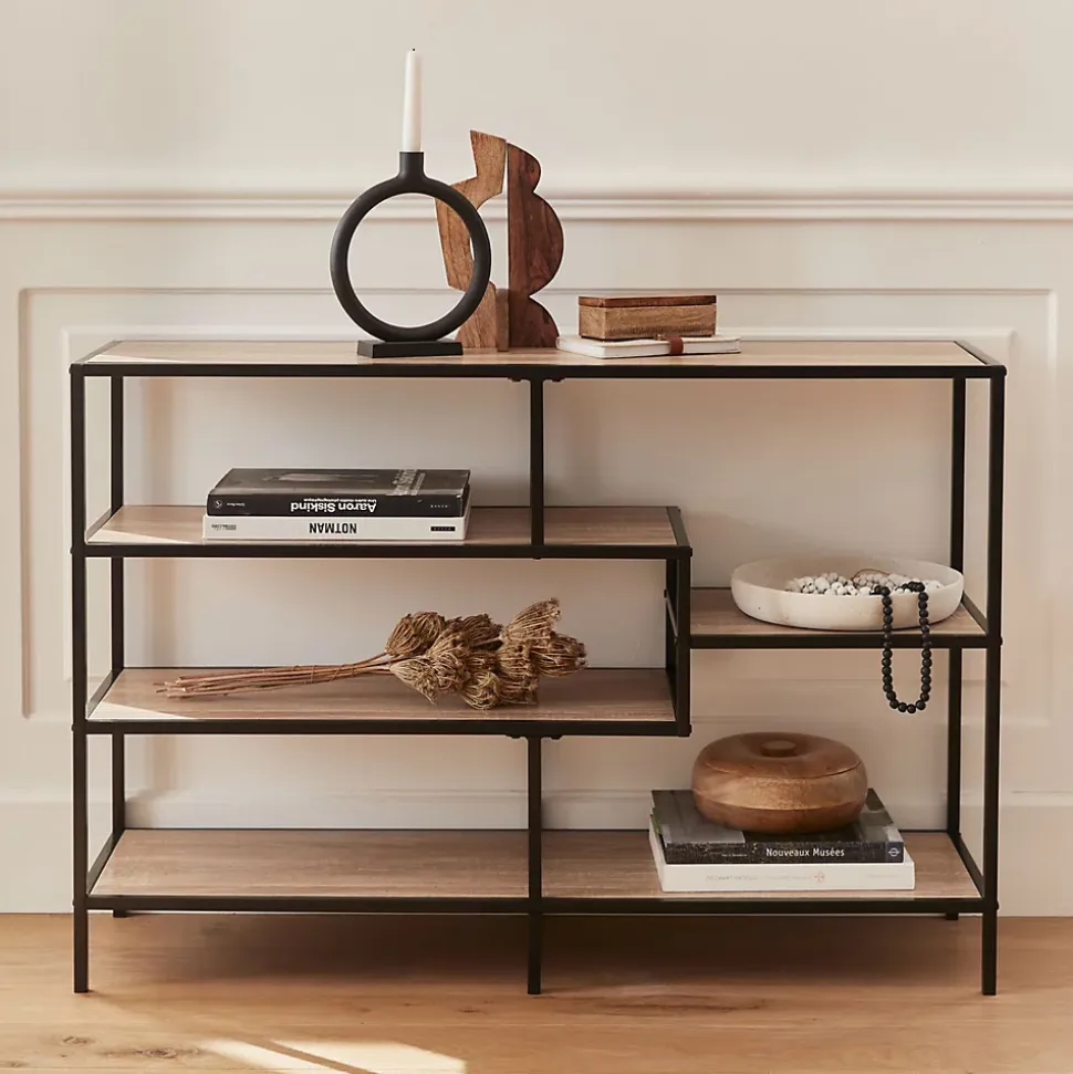Etagère en métal noir et décor bois - Loft - bibliothèque 5 niveaux. L 114 x l 33 x H 78cm