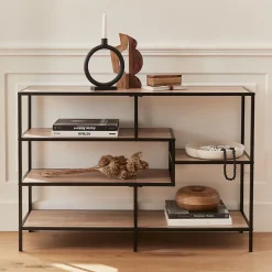 Etagère en métal noir et décor bois - Loft - bibliothèque 5 niveaux. L 114 x l 33 x H 78cm