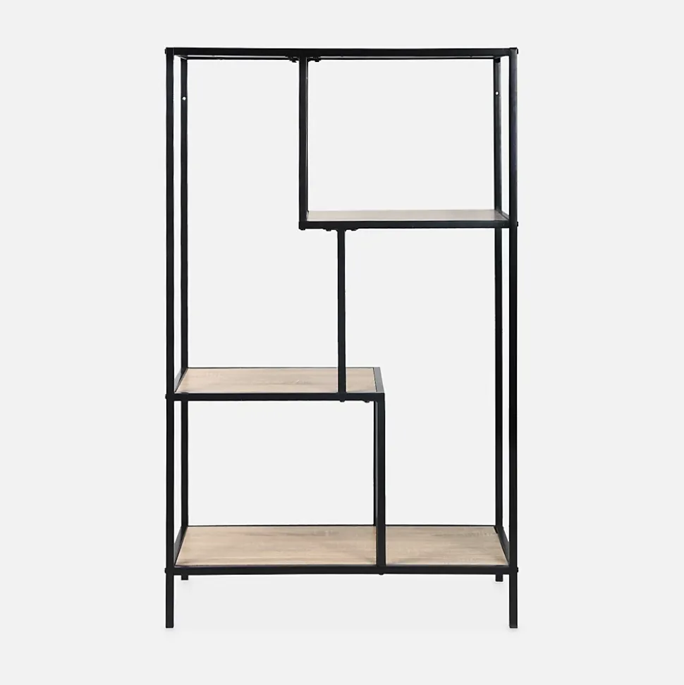 Etagère en métal noir et décor bois - Loft - bibliothèque 4 niveaux. L 69 x l 33 x H 113.5cm