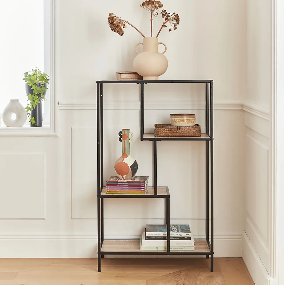 Etagère en métal noir et décor bois - Loft - bibliothèque 4 niveaux. L 69 x l 33 x H 113.5cm