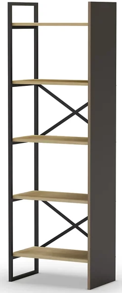 Etagère haute, meuble étagère aspect bois coloris chêne et métal noir - Longueur 58 x Profondeur 35 x Hauteur 175 cm