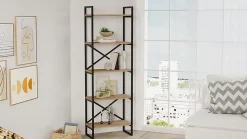 Etagère haute, meuble étagère aspect bois coloris naturel et métal noir - Longueur 58 x Profondeur 30 x Hauteur 175 cm