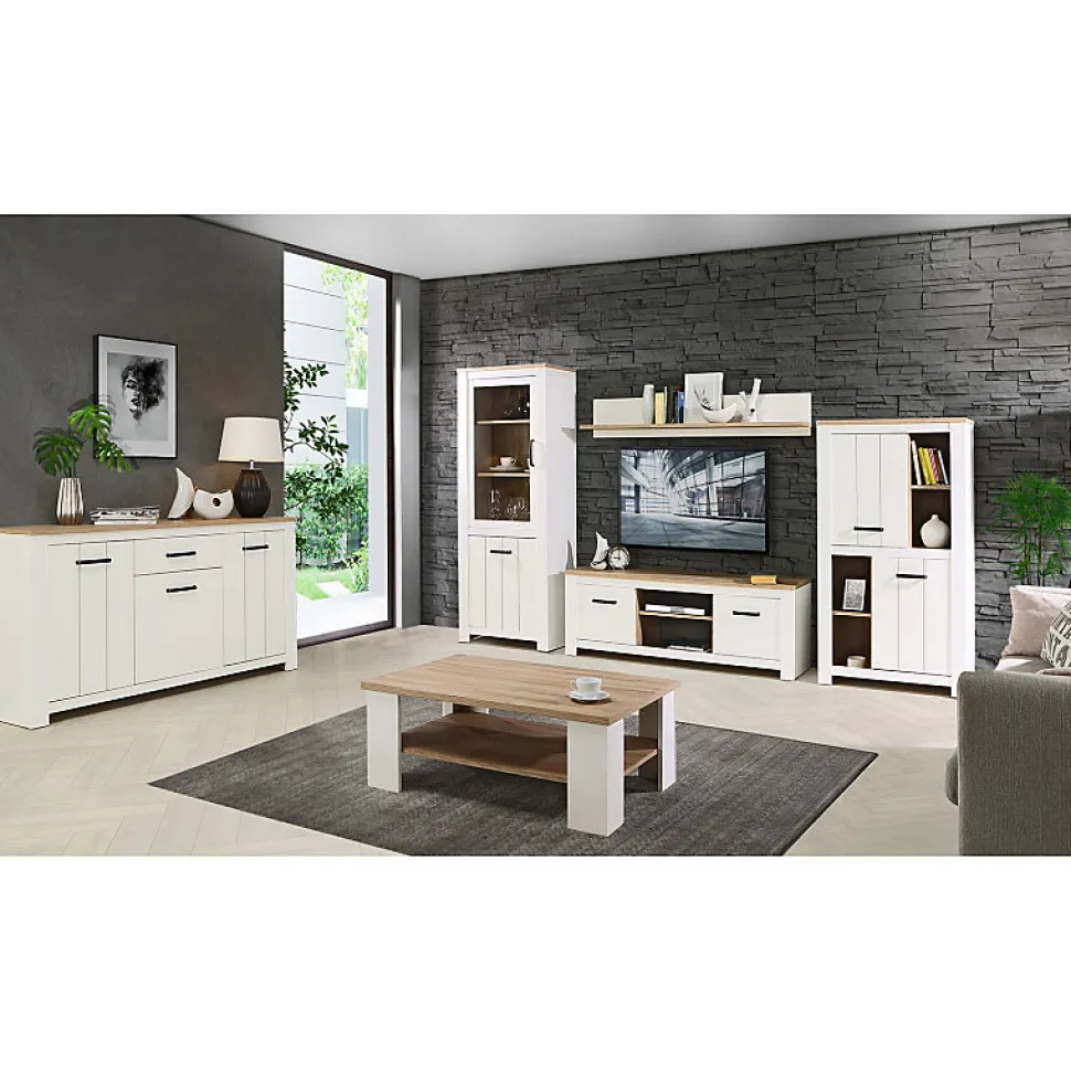 Etagère murale 160 cm blanc mat et décor bois clair - LEANE