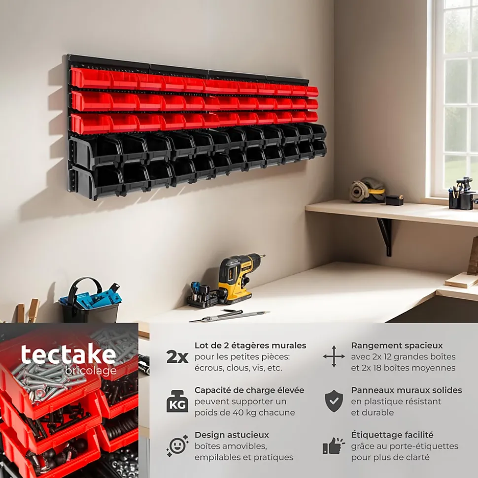 Etagère murale avec 30 bacs de rangement 2 étagères murales et 60 bacs inclus