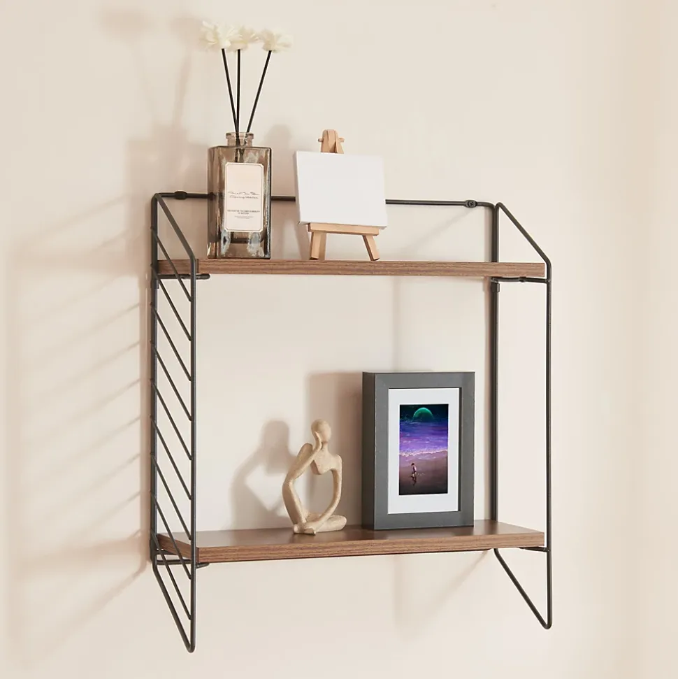Etagère murale Boemlo avec 2 niveaux 48 x 42 x 14 cm noir effet noyer en.casa