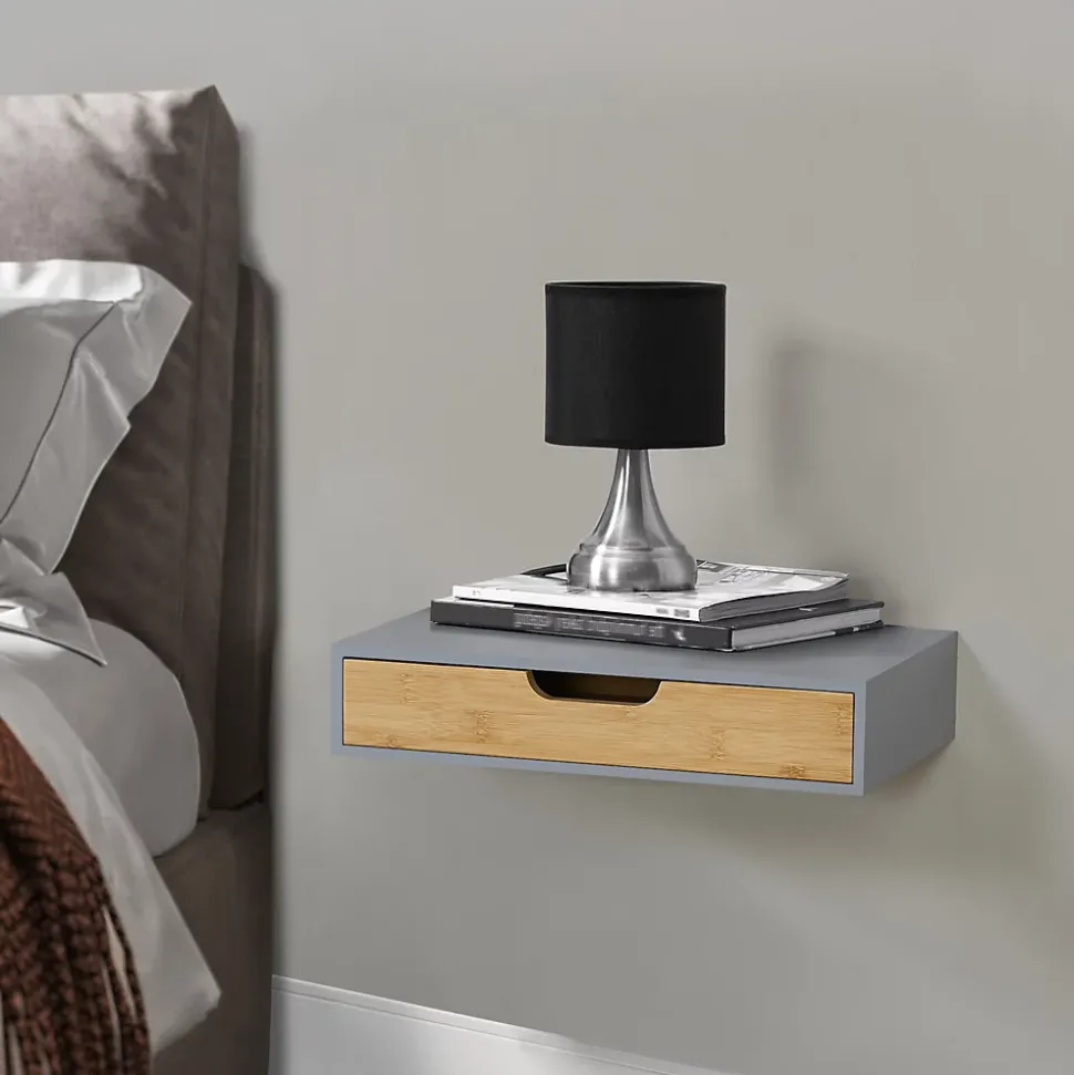 Etagère murale Bokn avec tiroir bambou 40 x 24 x 8 cm gris en.casa