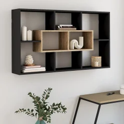 Etagère murale COLETTE avec 8 compartiments noir et effet bois