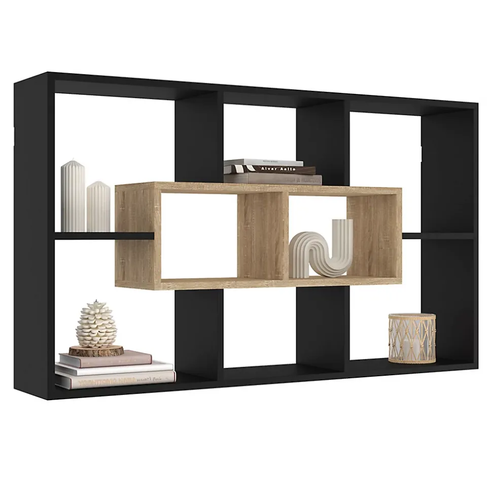 Etagère murale COLETTE avec 8 compartiments noir et effet bois