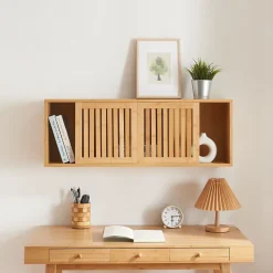 Etagère murale Grums avec 2 portes coulissantes bambou 93 x 20 x 33 cm naturel en.casa