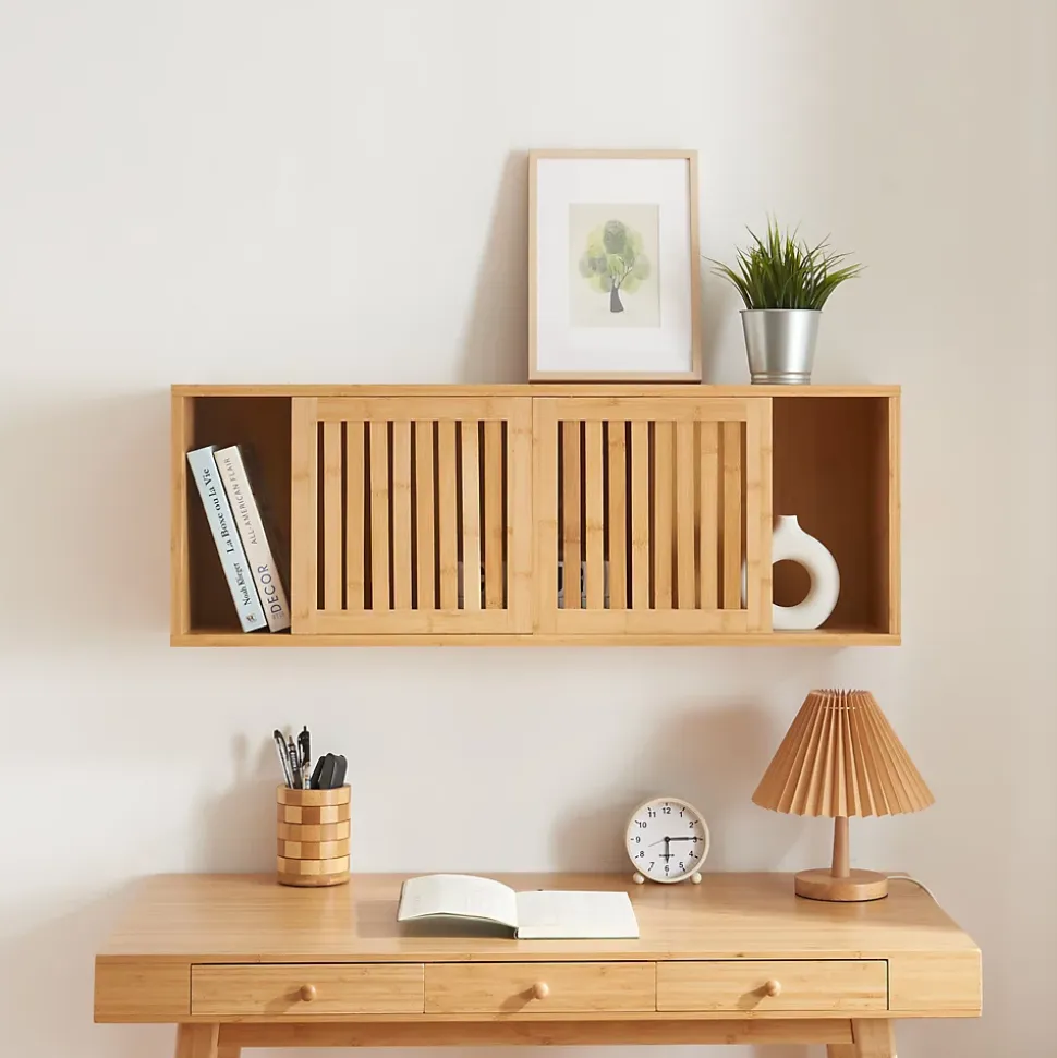 Etagère murale Grums avec 2 portes coulissantes bambou 93 x 20 x 33 cm naturel en.casa
