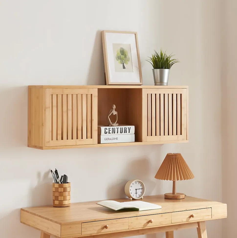 Etagère murale Grums avec 2 portes coulissantes bambou 93 x 20 x 33 cm naturel en.casa