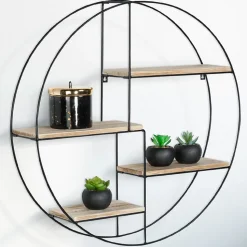 Etagère murale ronde LILY 4 niveaux bois et métal design industriel