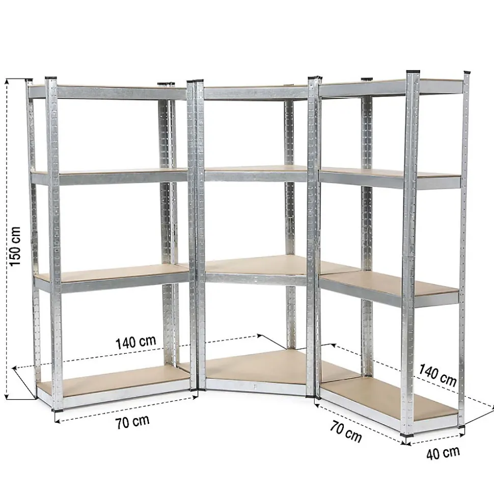 Etagère rangement d'angle charges lourdes 960 kg max L.140 x P.40 x H.150 - EURO VANADIUM - 12 plateaux