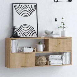 Etagère suspendue avec 2 portes et 2 niches ouvertes décor bois chêne L120 cm - LYA