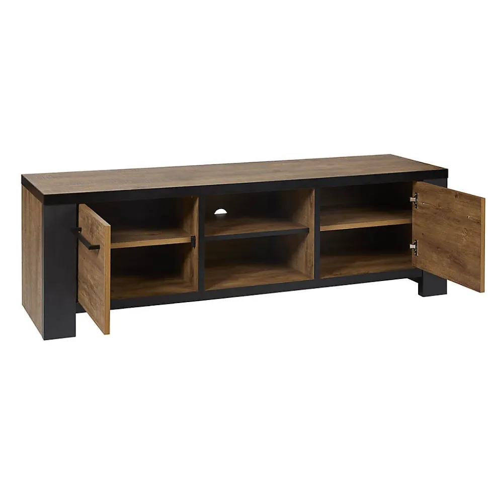 ETIENNE - Ensemble Salon Meuble TV et Table Basse Aspect Bois Piètement X Métal Noir