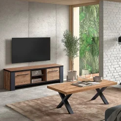 ETIENNE - Ensemble Salon Meuble TV et Table Basse Aspect Bois Piètement X Métal Noir