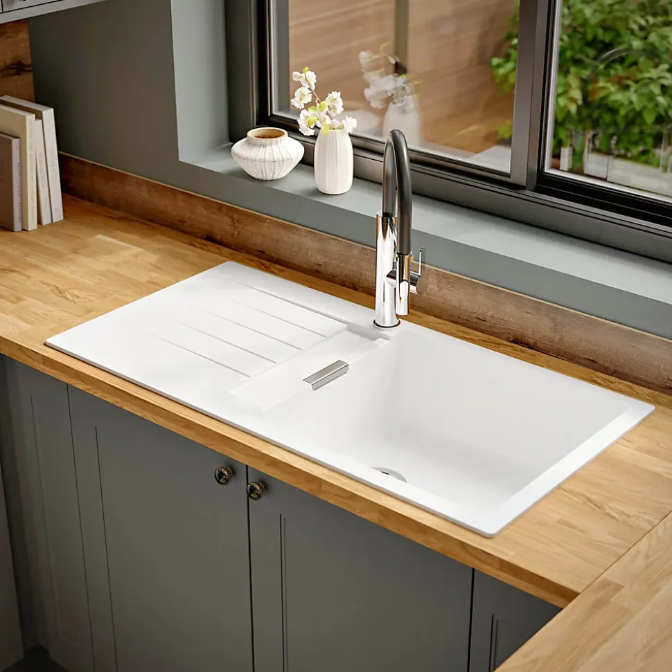 Evier à encastrer en composite quartz blanc 1 bac et égouttoir l. 50 x H. 30,4 x P. 19,7 cm GoodHome Torla