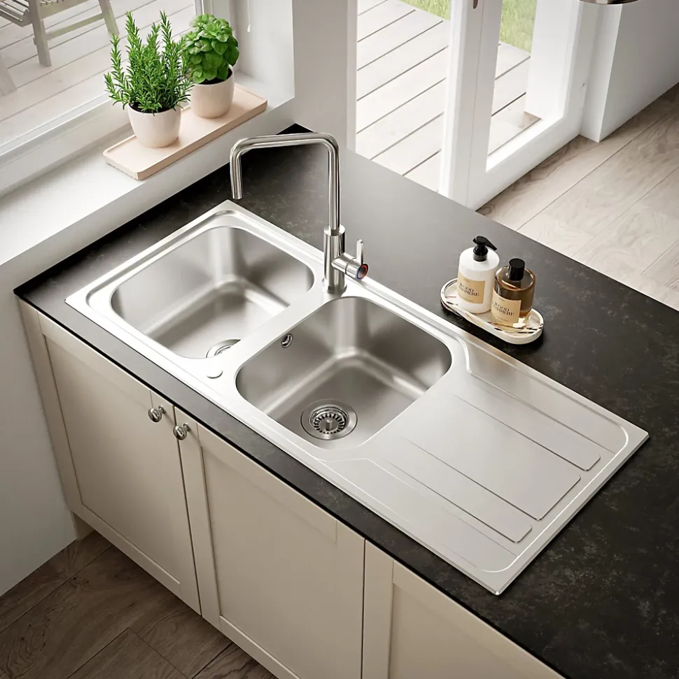 Evier à encastrer en inox microstructuré 2 bacs et égouttoir l. 50 x H. 19 x P. 19 cm GoodHome Lucerne