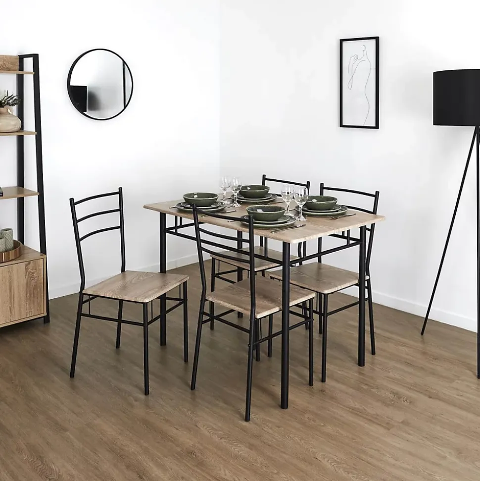 FAUSTIN - Ensemble Repas 4 Personnes Table et Chaises en MDF et Pieds Métal Noir