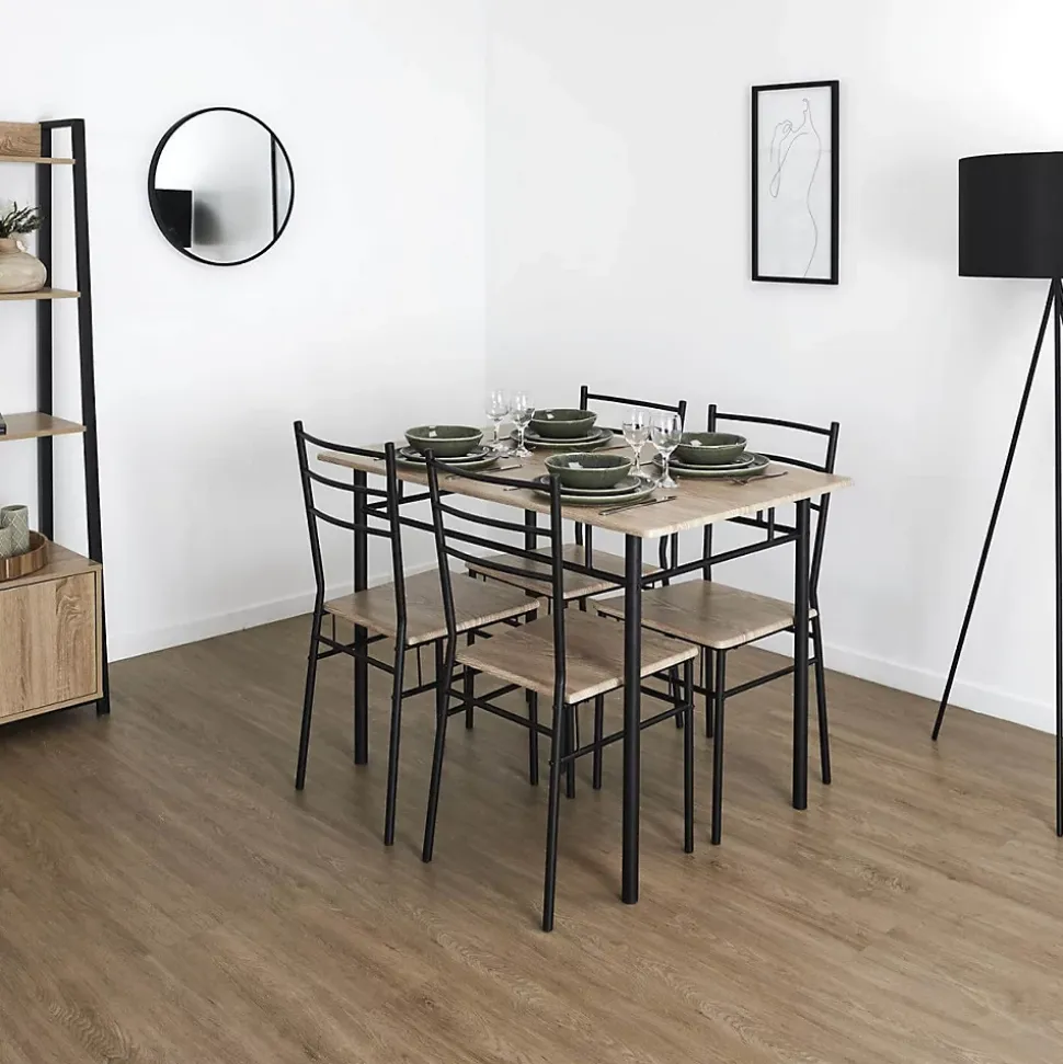 FAUSTIN - Ensemble Repas 4 Personnes Table et Chaises en MDF et Pieds Métal Noir