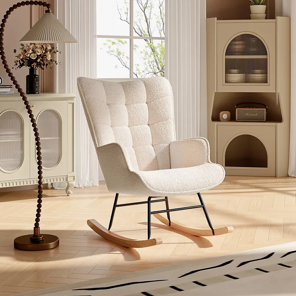 Fauteuil à Bascule, Fauteuil d'allaitement rembourré, Chaise à Bascule d'extérieur Ergonomique, 75 x 68 x 92cm, pour Salon, Beige