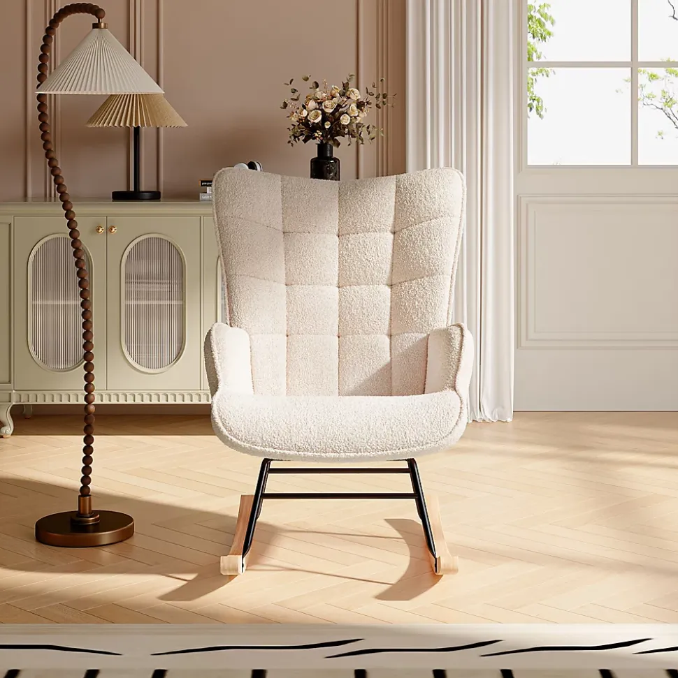 Fauteuil à Bascule, Fauteuil d'allaitement rembourré, Chaise à Bascule d'extérieur Ergonomique, 75 x 68 x 92cm, pour Salon, Beige