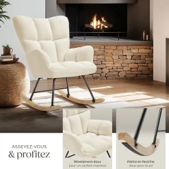 Fauteuil à bascule rembourré avec grand dossier beige