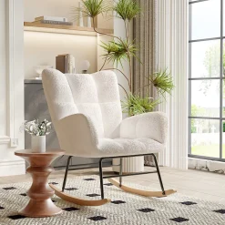 Fauteuil à Bascule, Rocking Chair, revêtement Bouclette, Fauteuil Allaitement, Chaise à Bascule,Beige