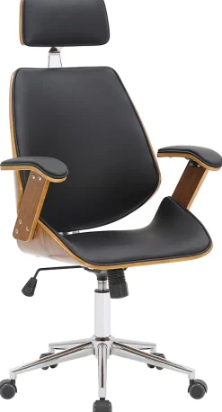 Fauteuil de Bureau Chicago En Similicuir Coque En Bois, Siège Rembourré Ajustable Pivotant, Piètement Métal Noyer/Noir