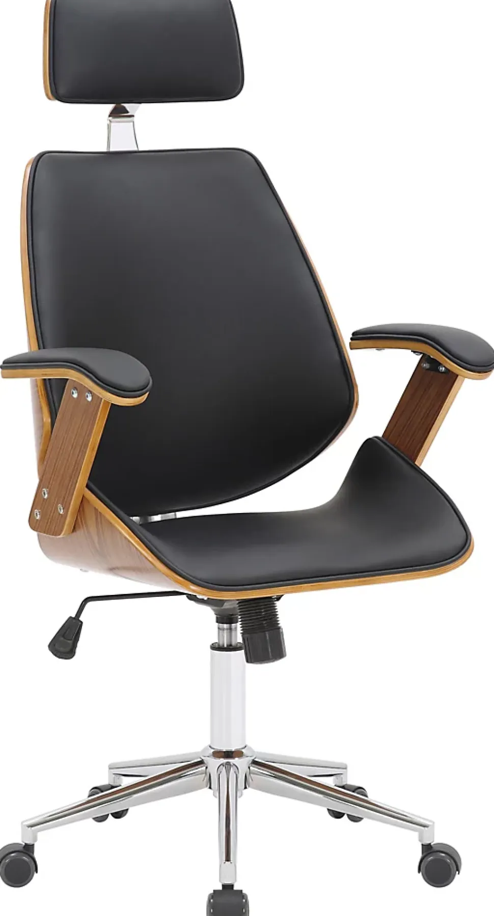 Fauteuil de Bureau Chicago En Similicuir Coque En Bois, Siège Rembourré Ajustable Pivotant, Piètement Métal Noyer/Noir
