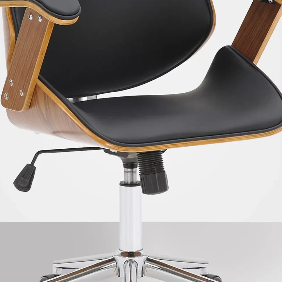 Fauteuil de Bureau Chicago En Similicuir Coque En Bois, Siège Rembourré Ajustable Pivotant, Piètement Métal Noyer/Noir