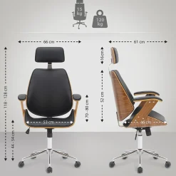 Fauteuil de Bureau Chicago En Similicuir Coque En Bois, Siège Rembourré Ajustable Pivotant, Piètement Métal Noyer/Noir