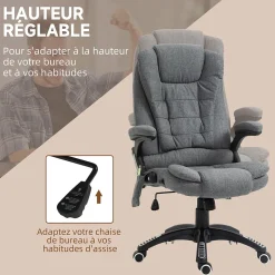 Fauteuil de bureau direction massant chauffant hauteur réglable dossier inclinable toile de lin gris chiné