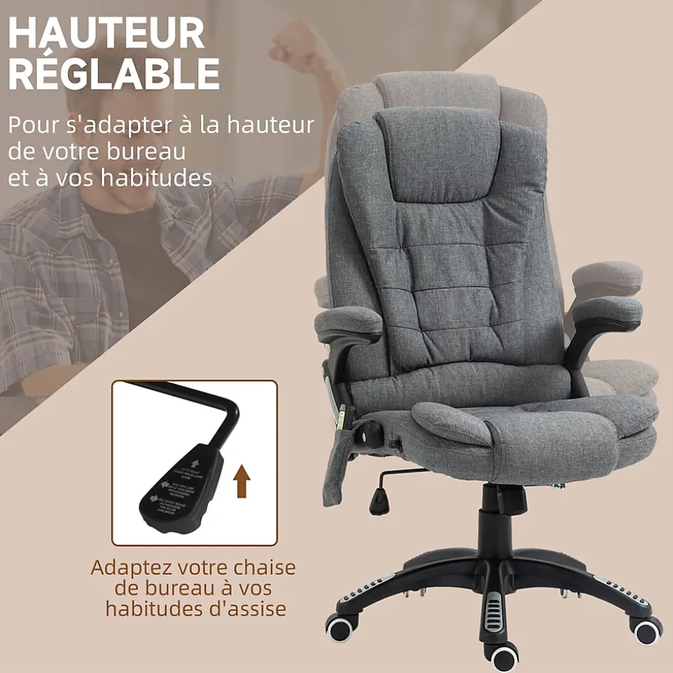 Fauteuil de bureau direction massant chauffant hauteur réglable dossier inclinable toile de lin gris chiné