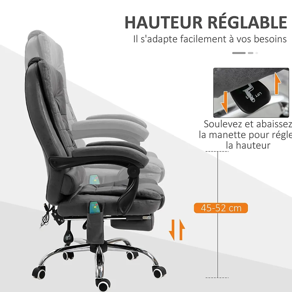 Fauteuil de bureau direction massant chauffant hauteur réglable dossier inclinable tissu gris