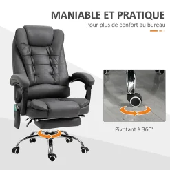 Fauteuil de bureau direction massant chauffant hauteur réglable dossier inclinable tissu gris