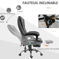 Fauteuil de bureau direction massant chauffant hauteur réglable dossier inclinable tissu gris