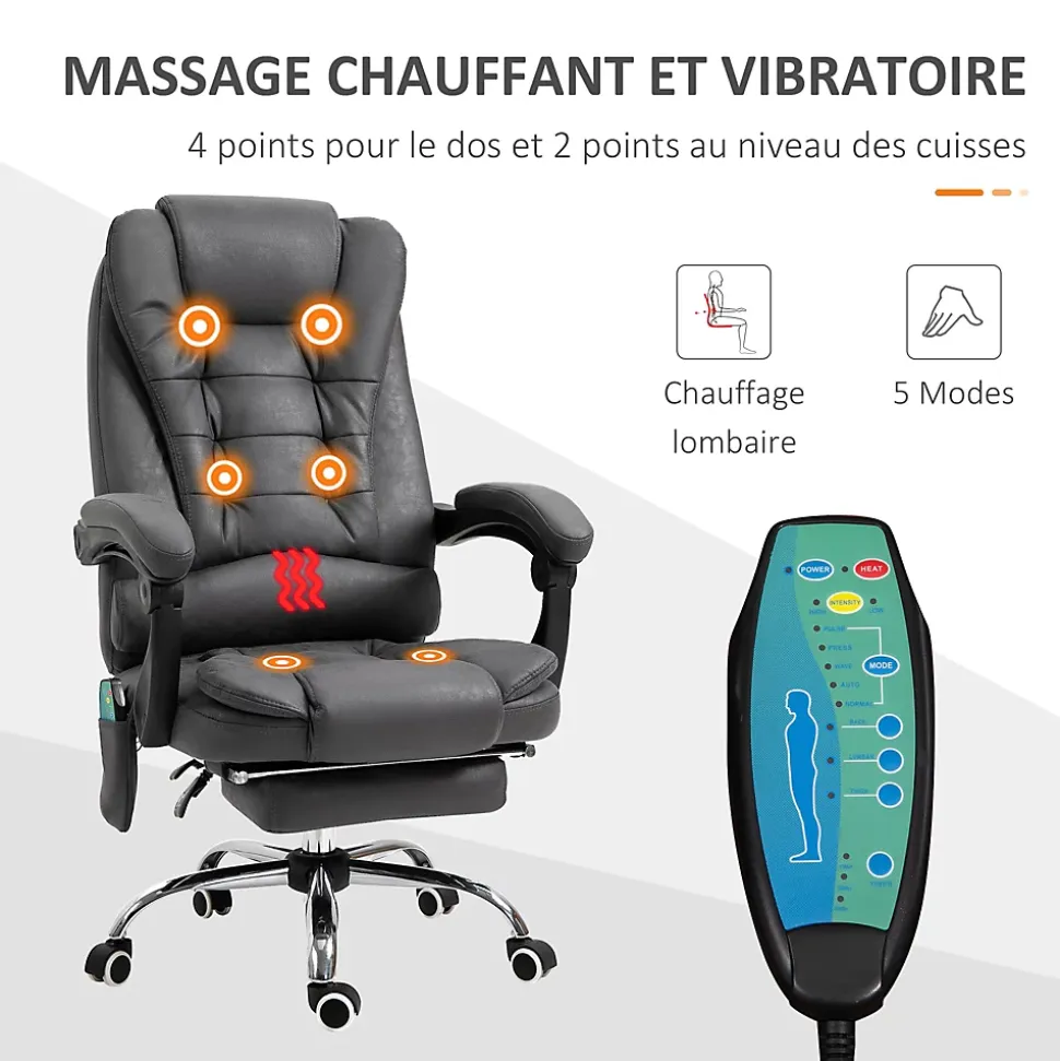 Fauteuil de bureau direction massant chauffant hauteur réglable dossier inclinable tissu gris