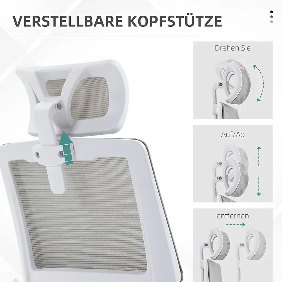 Fauteuil de Bureau Ergonomique Gris avec Appui-Tête Réglable, Soutien Lombaire, Hauteur et Accoudoirs Ajustables, Dossier en Mesh