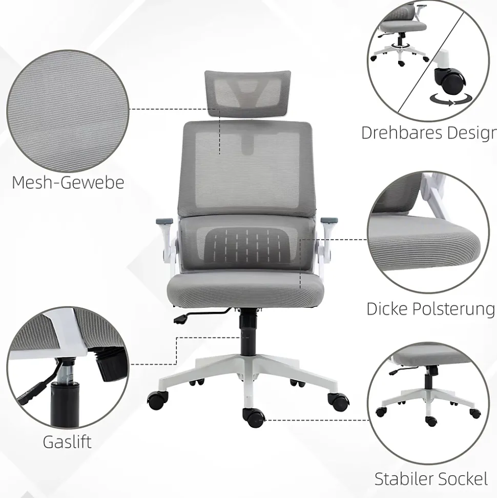 Fauteuil de Bureau Ergonomique Gris avec Appui-Tête Réglable, Soutien Lombaire, Hauteur et Accoudoirs Ajustables, Dossier en Mesh
