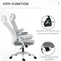 Fauteuil de Bureau Ergonomique Gris avec Appui-Tête Réglable, Soutien Lombaire, Hauteur et Accoudoirs Ajustables, Dossier en Mesh