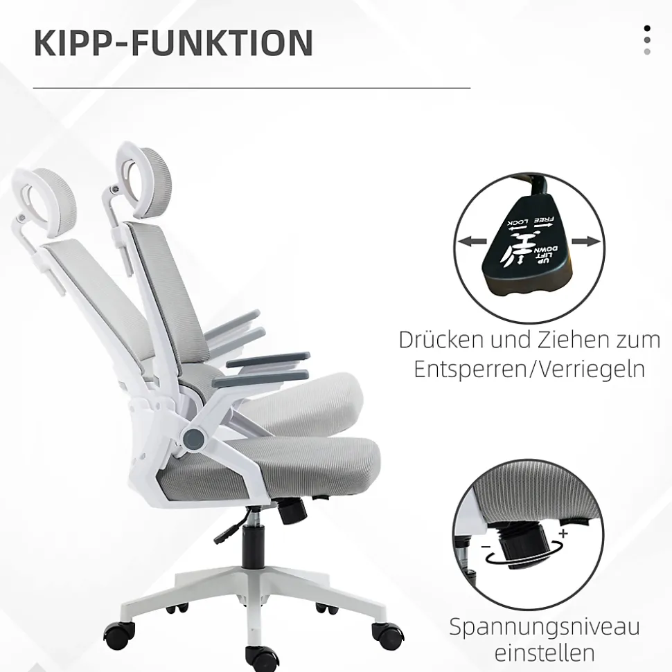 Fauteuil de Bureau Ergonomique Gris avec Appui-Tête Réglable, Soutien Lombaire, Hauteur et Accoudoirs Ajustables, Dossier en Mesh