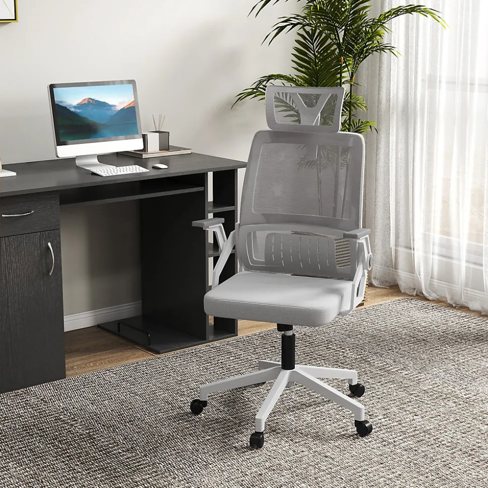 Fauteuil de Bureau Ergonomique Gris avec Appui-Tête Réglable, Soutien Lombaire, Hauteur et Accoudoirs Ajustables, Dossier en Mesh