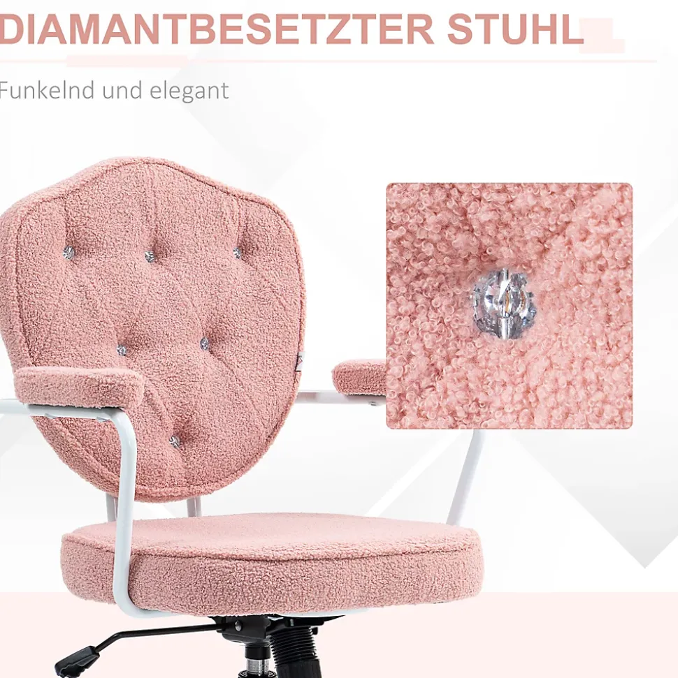 Fauteuil de Bureau Ergonomique - Chaise Pivotante avec Dossier Rembourré et Fonction Bascule, Tissu Bouclette Rose, 63x61,5x101 cm