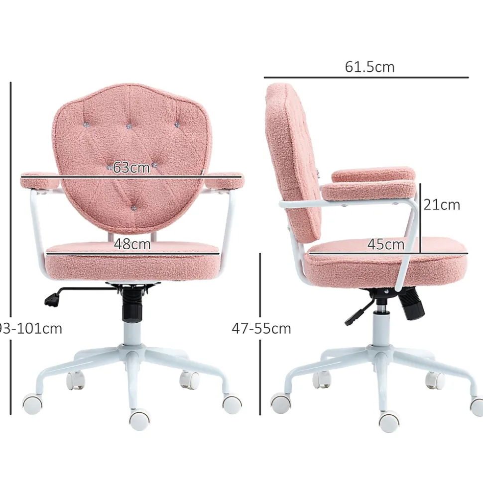 Fauteuil de Bureau Ergonomique - Chaise Pivotante avec Dossier Rembourré et Fonction Bascule, Tissu Bouclette Rose, 63x61,5x101 cm