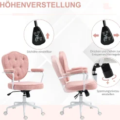 Fauteuil de Bureau Ergonomique - Chaise Pivotante avec Dossier Rembourré et Fonction Bascule, Tissu Bouclette Rose, 63x61,5x101 cm