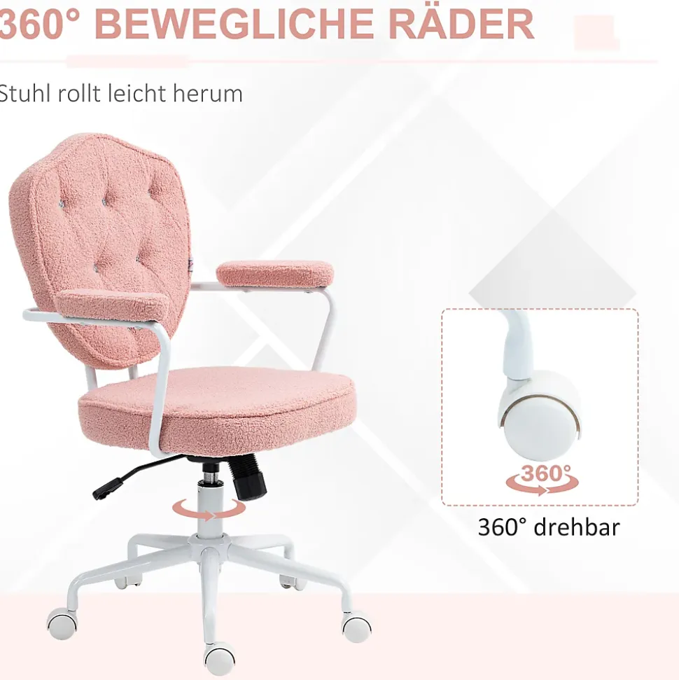 Fauteuil de Bureau Ergonomique - Chaise Pivotante avec Dossier Rembourré et Fonction Bascule, Tissu Bouclette Rose, 63x61,5x101 cm